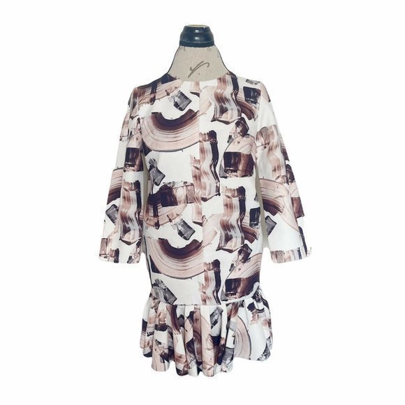 H & M Womens Peplum Boxy Ruffle Printed Dress Paint Brush Strokes Abstract Sz 4 - Picture 1 of 12